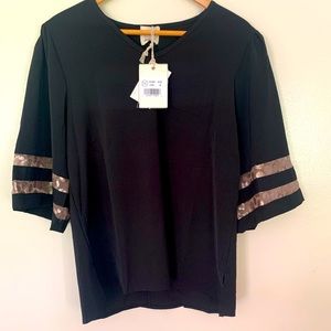 Grace & Emma bell sleeve black and gold sequined blouse size medium